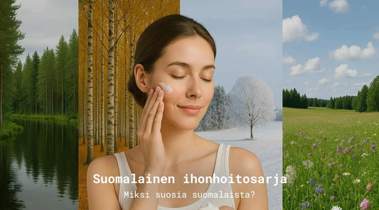 Suomalainen ihonhoitosarja miksi suosia suomalaista - teksti edessä valkoisella ja taustalla Suomen neljä vuodenaikaa, sekä etualalla nainen levittämässä poskelleen valkoista ihonohitovoidetta.