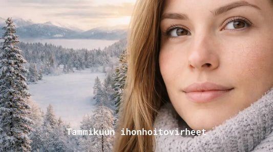 Kasvot katsomassa talvimaisemassa ja "tammikuun ihonhoitovirheet" teksti